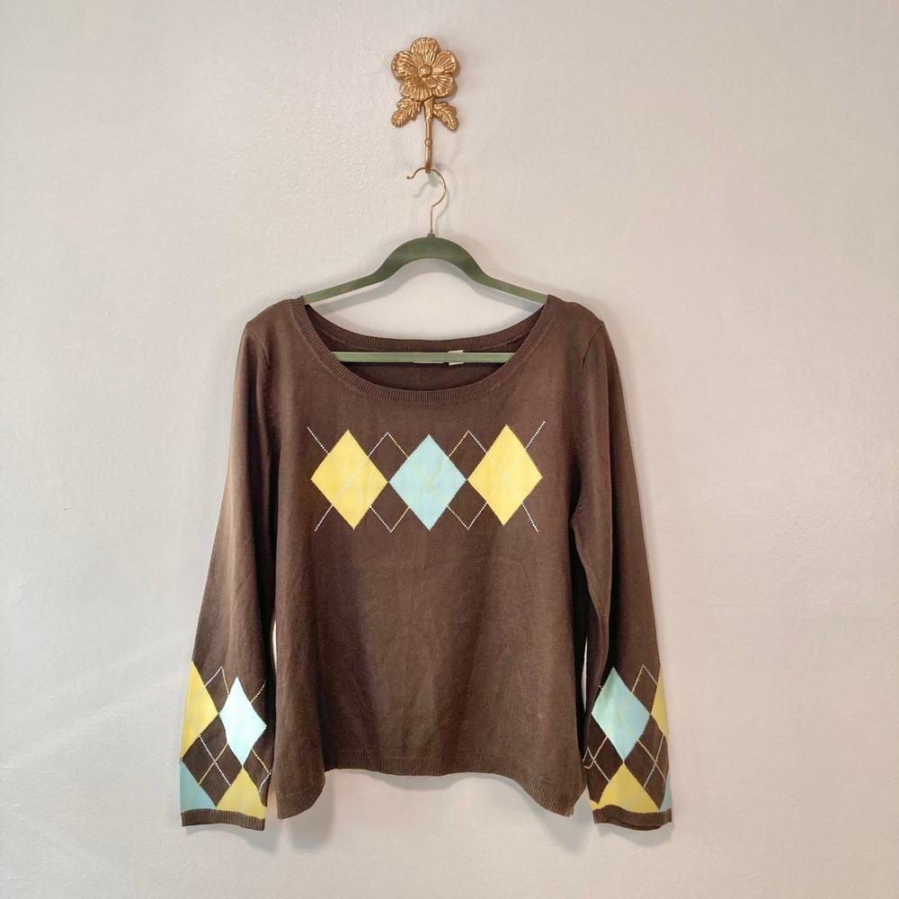 Y2K Chocolate Brown Argyle Scoop Neck Knit Sweater Cato XL Preppy Academia Fall